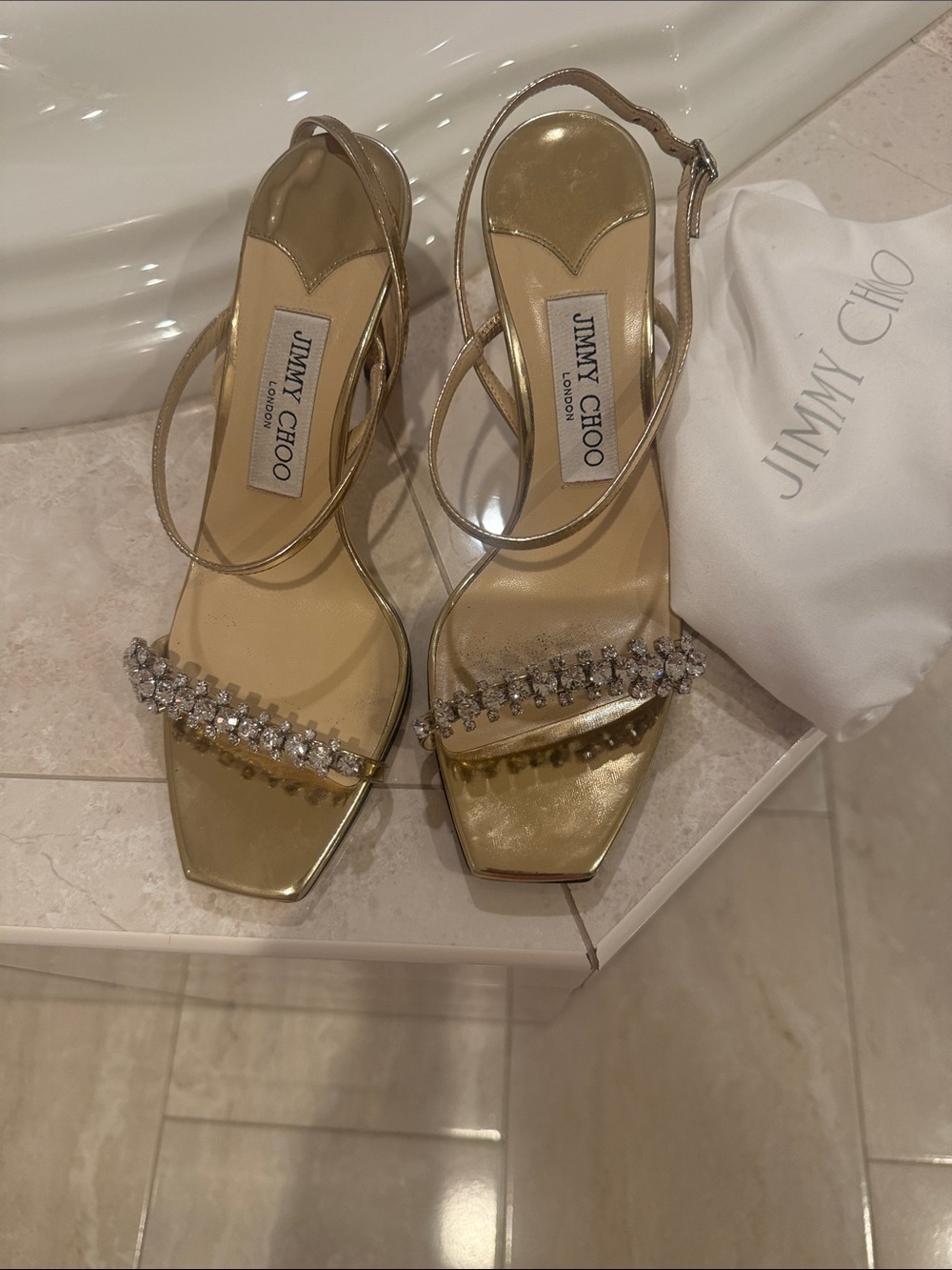 Jimmy Choo Metallic Gold Crystal-Strap Slingback Heels